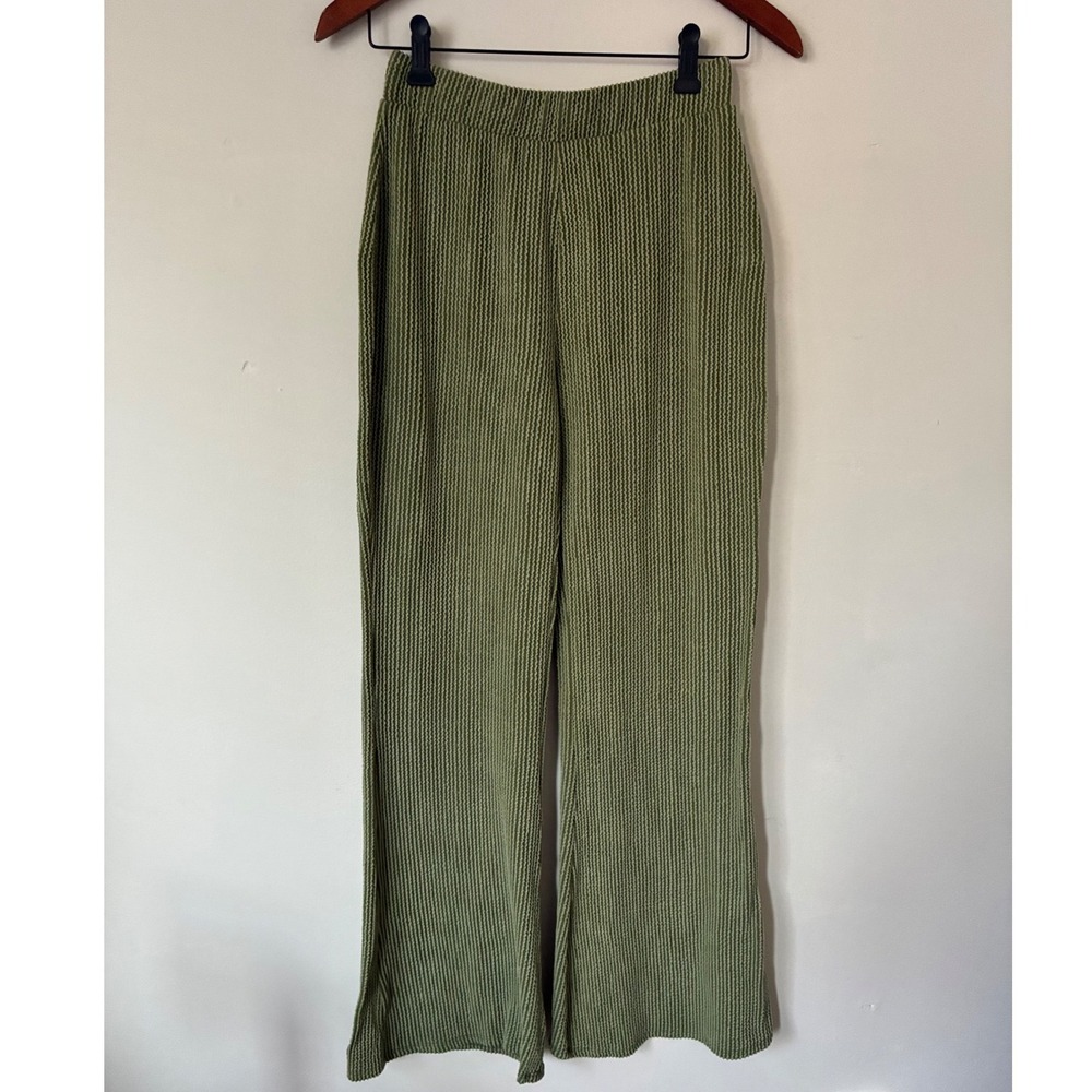 Fashion Nova Womens Olive Green Textured Knit Wide Leg High Waist Pants Medium